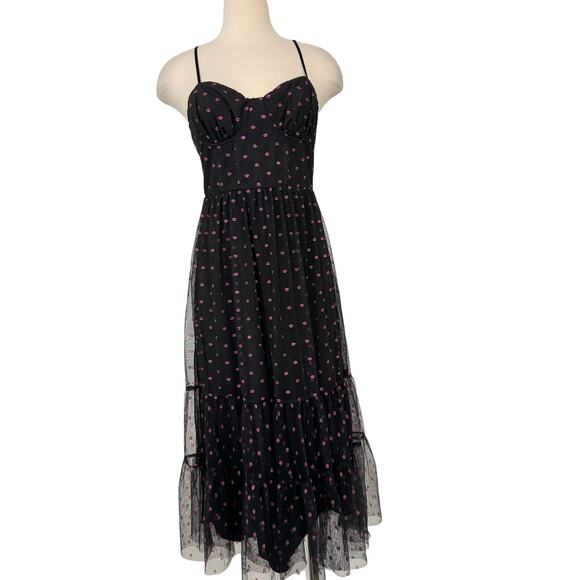 Betsey Johnson Glitter Lip Kisses Print Corset Midi Dress Black Mesh 14 NWT